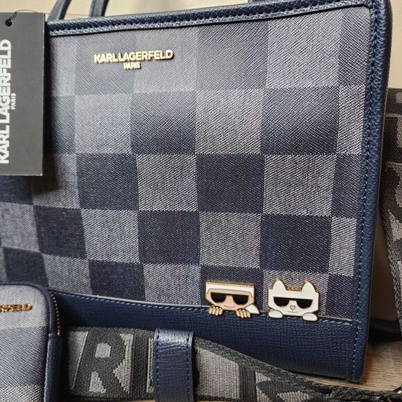 Karl Lagerfeld Paris Bag Maybelle Checkered Satchel Crossbody Pouch Karl Cat - Picture 2 of 13